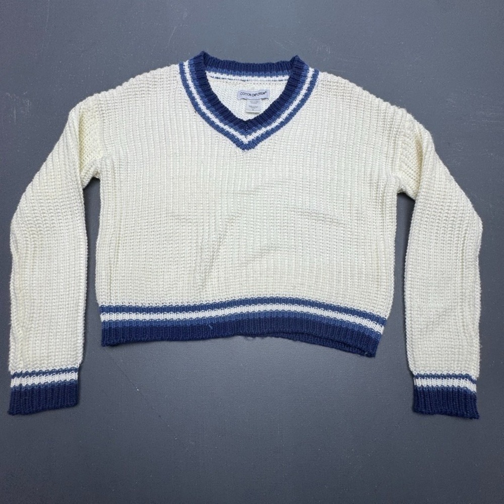 Cotton Emporium Sweater Women's Medium White Blue Knit V Neck Casual Cozy